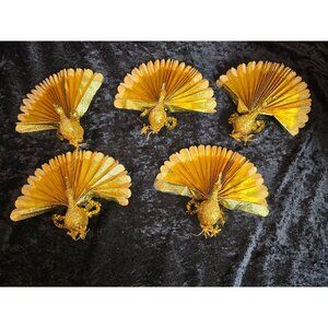 5 Vintage Gold Peacock Ornaments 6" Paper Wings